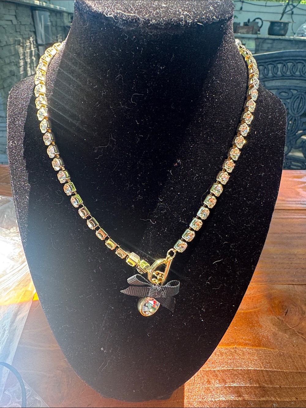 Anne Klein Gold-Tone Crystal Necklace with Black Ribbon Bow